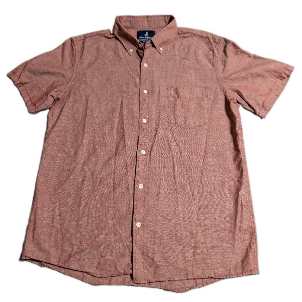 Wool & Prince Shirt Mens L Red Wool Linen Short Sleeve Button Down Regular Fit